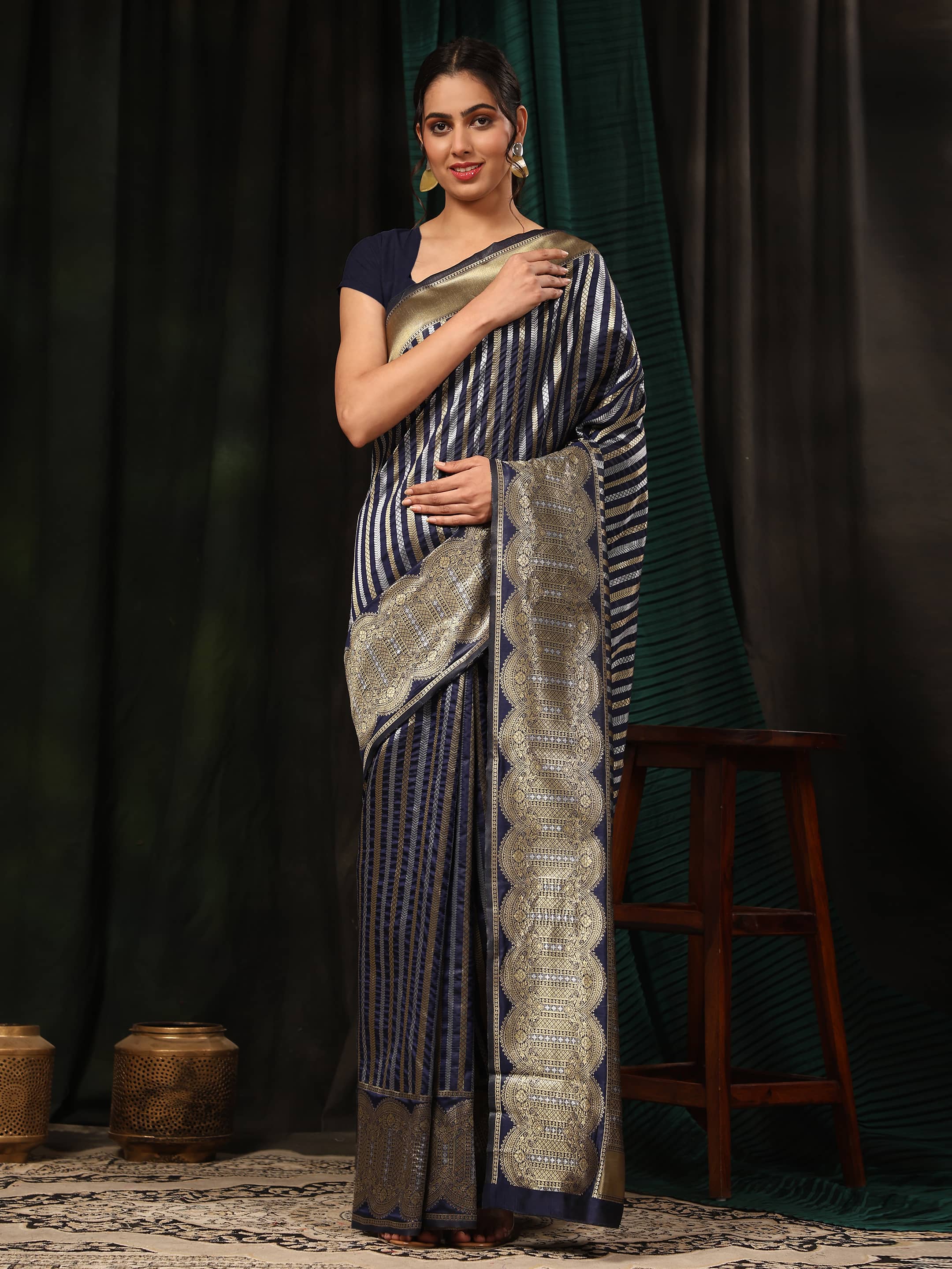 Navy Blue Banarasi Art Silk Saree with Striped Zari Weaving