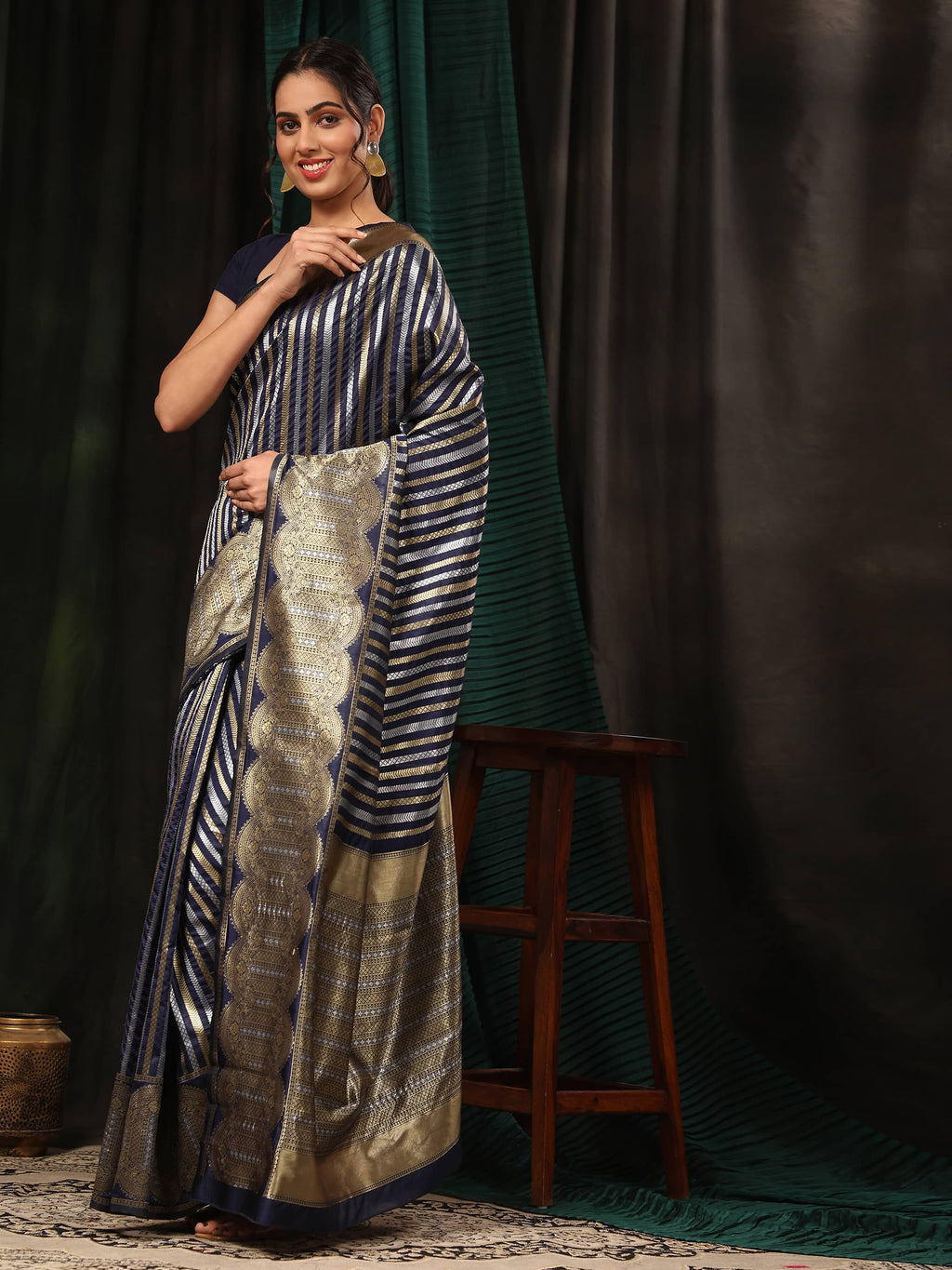 Navy Blue Banarasi Art Silk Saree with Striped Zari Weaving