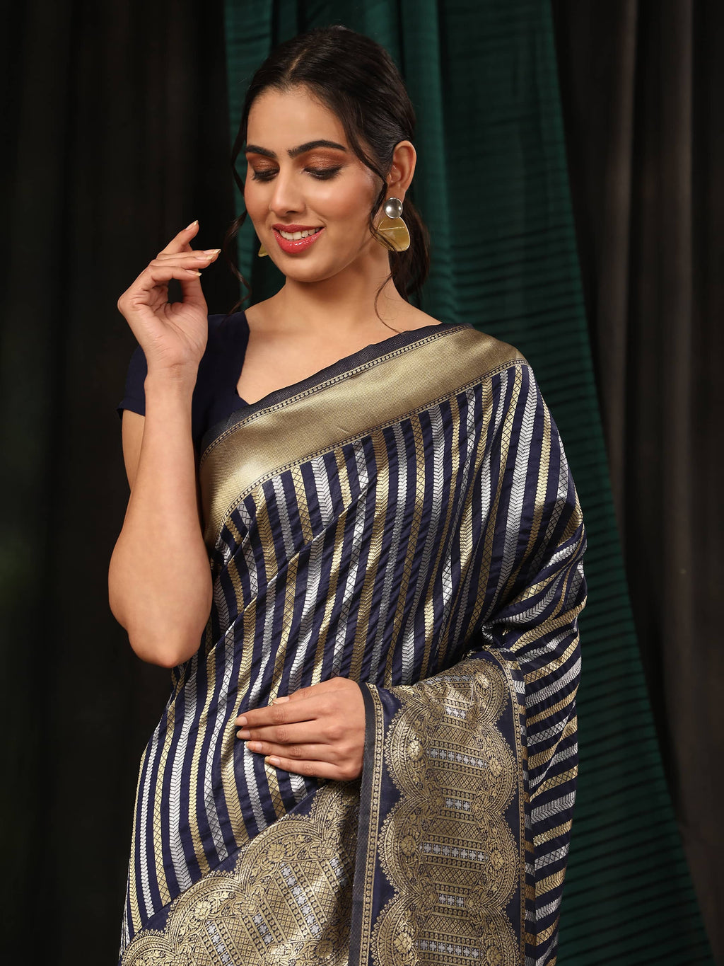 Navy Blue Banarasi Art Silk Saree with Striped Zari Weaving