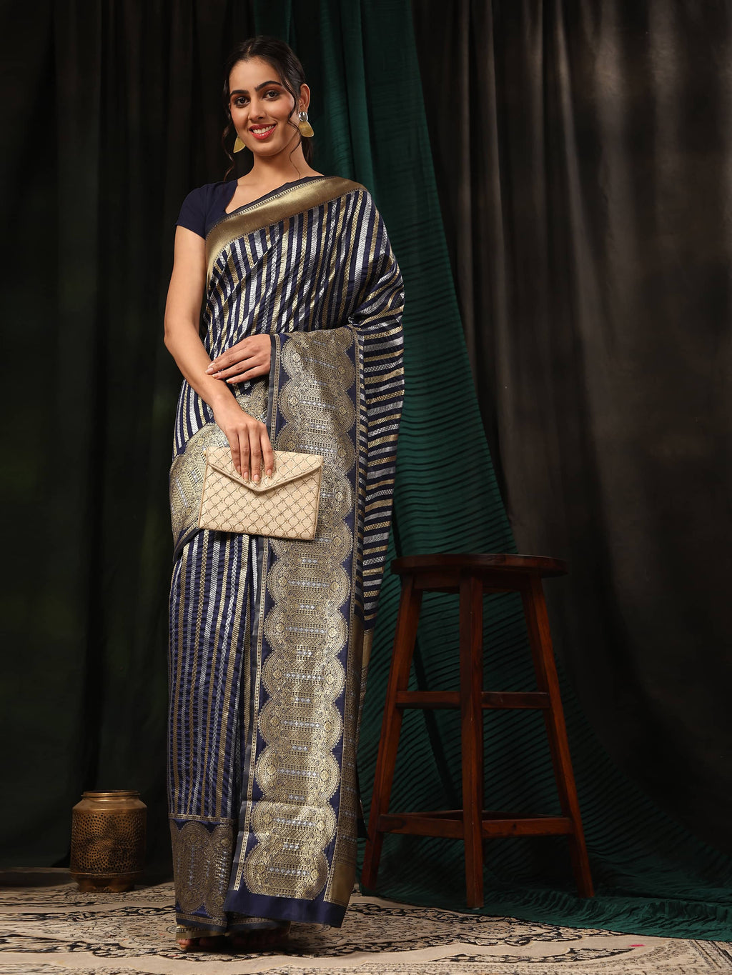Navy Blue Banarasi Art Silk Saree with Striped Zari Weaving