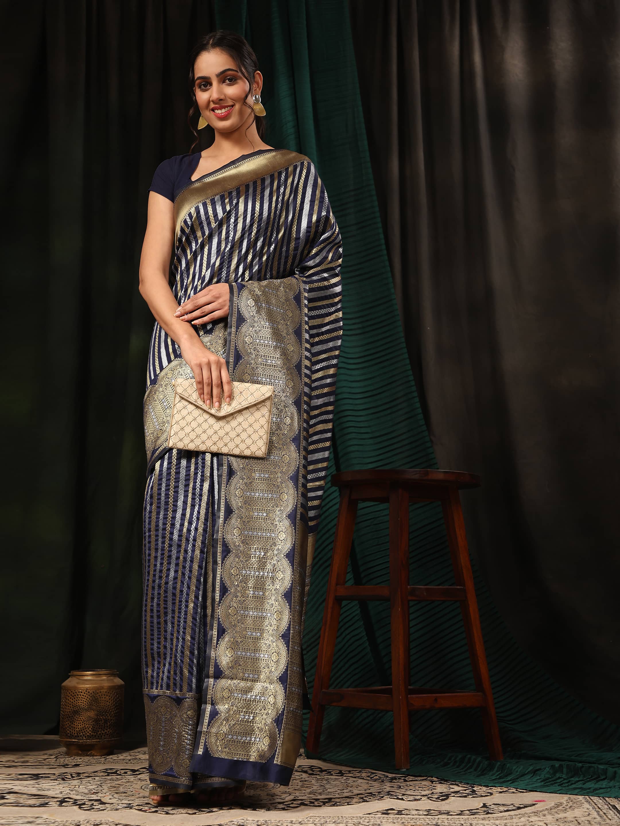 Navy Blue Banarasi Art Silk Saree with Striped Zari Weaving