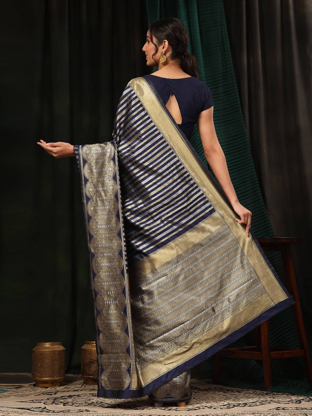Navy Blue Banarasi Art Silk Saree with Striped Zari Weaving