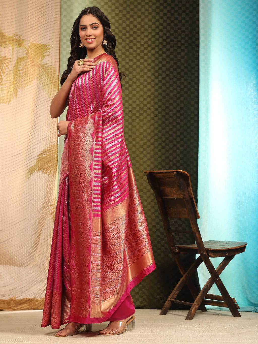 Pink Banarasi Art Silk Striped Saree with Zari Woven Border