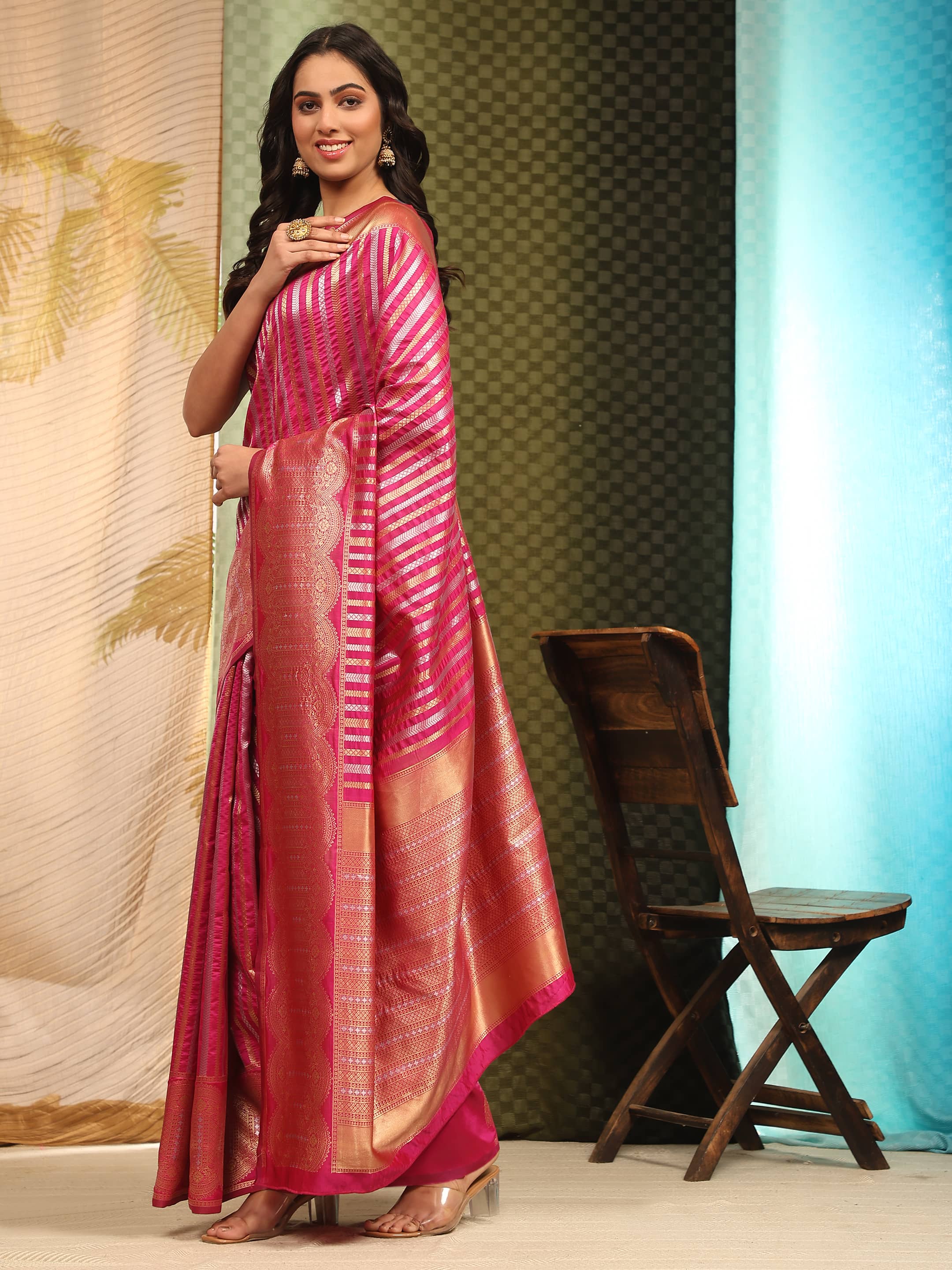 Pink Banarasi Art Silk Striped Saree with Zari Woven Border