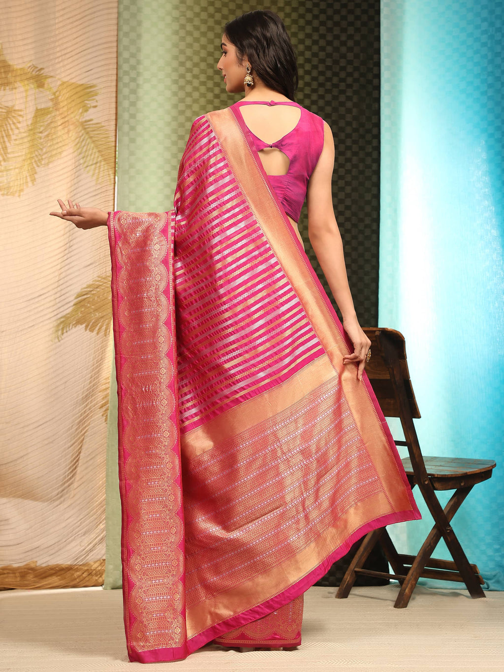 Pink Banarasi Art Silk Striped Saree with Zari Woven Border
