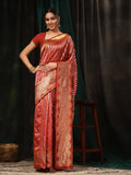 Red Banarasi art silk saree with striped pattern and zari weaving