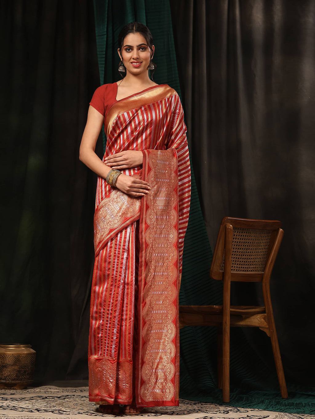 Red Banarasi Art Silk Striped Saree with Traditional Zari Weaving