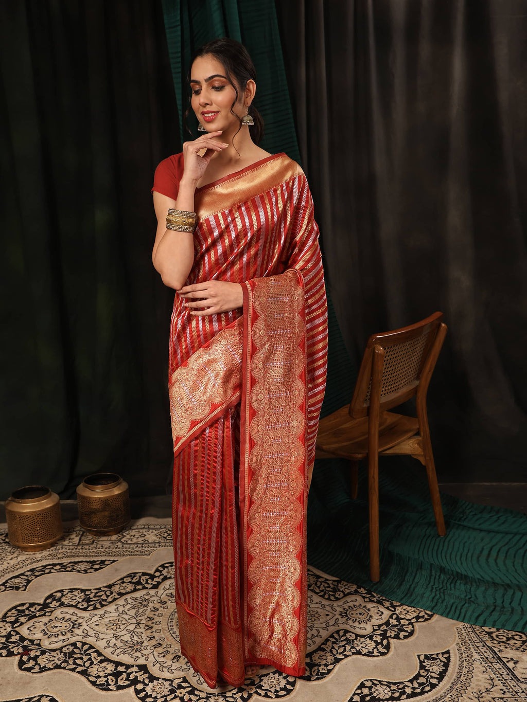 Red Banarasi Art Silk Striped Saree with Traditional Zari Weaving