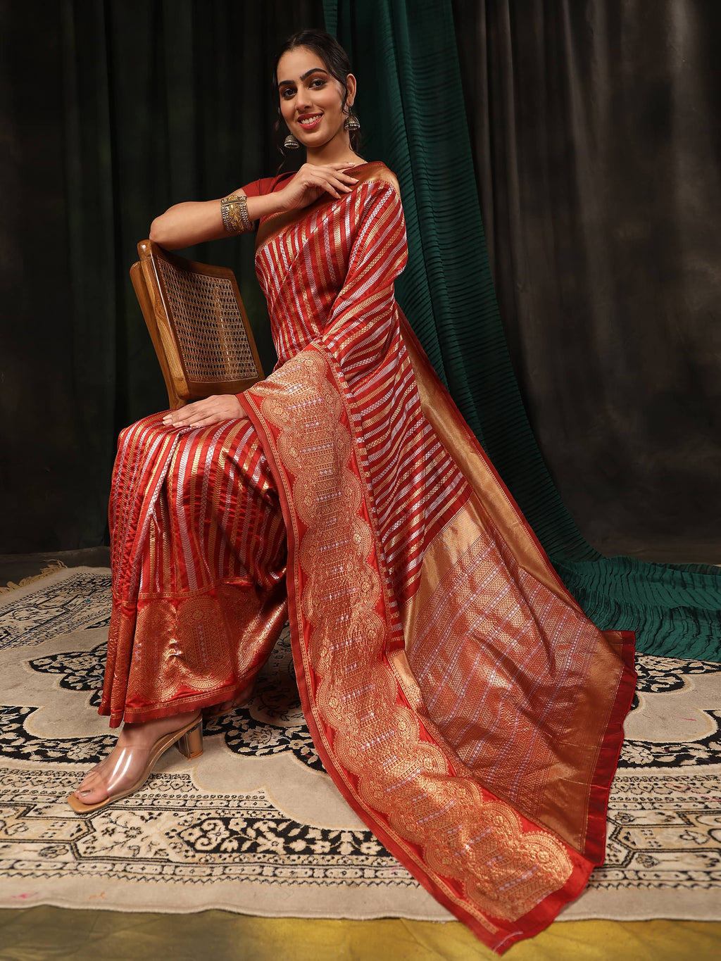 Red Banarasi Art Silk Striped Saree with Traditional Zari Weaving