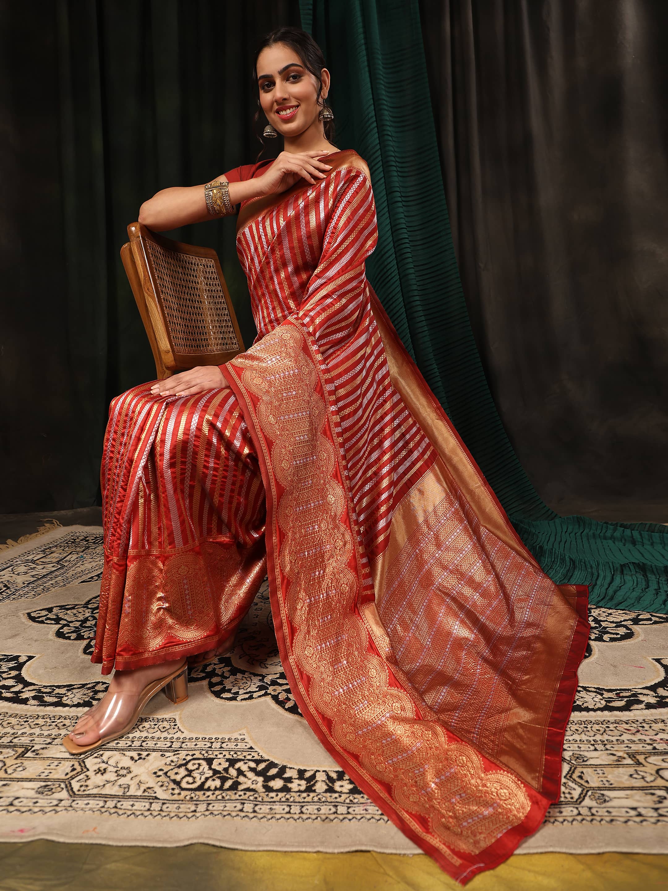 Red Banarasi Art Silk Striped Saree with Traditional Zari Weaving