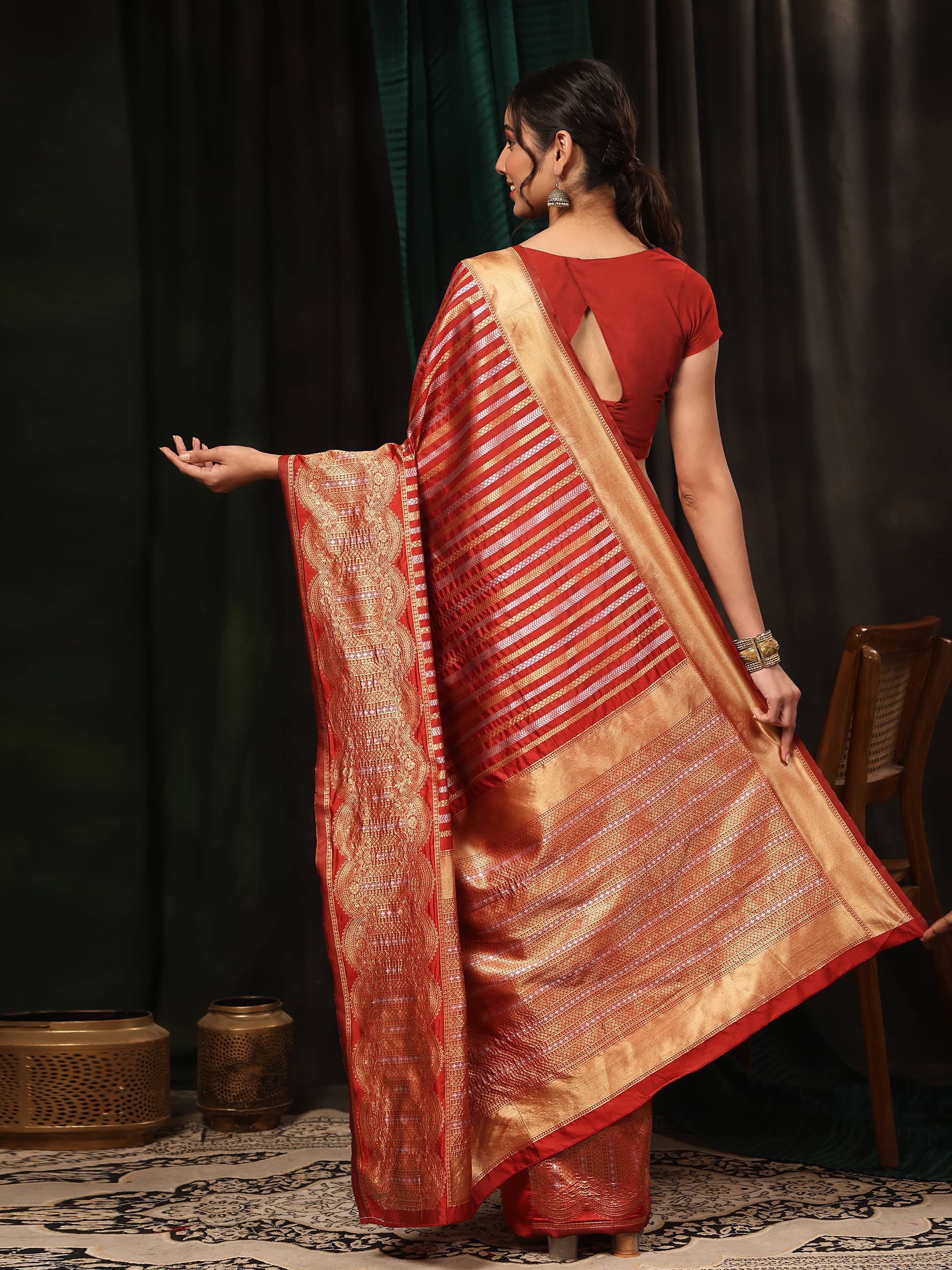 Red Banarasi Art Silk Striped Saree with Traditional Zari Weaving