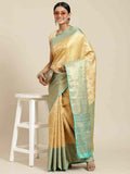 Beige Kanjeevaram art silk saree with detailed floral woven patterns