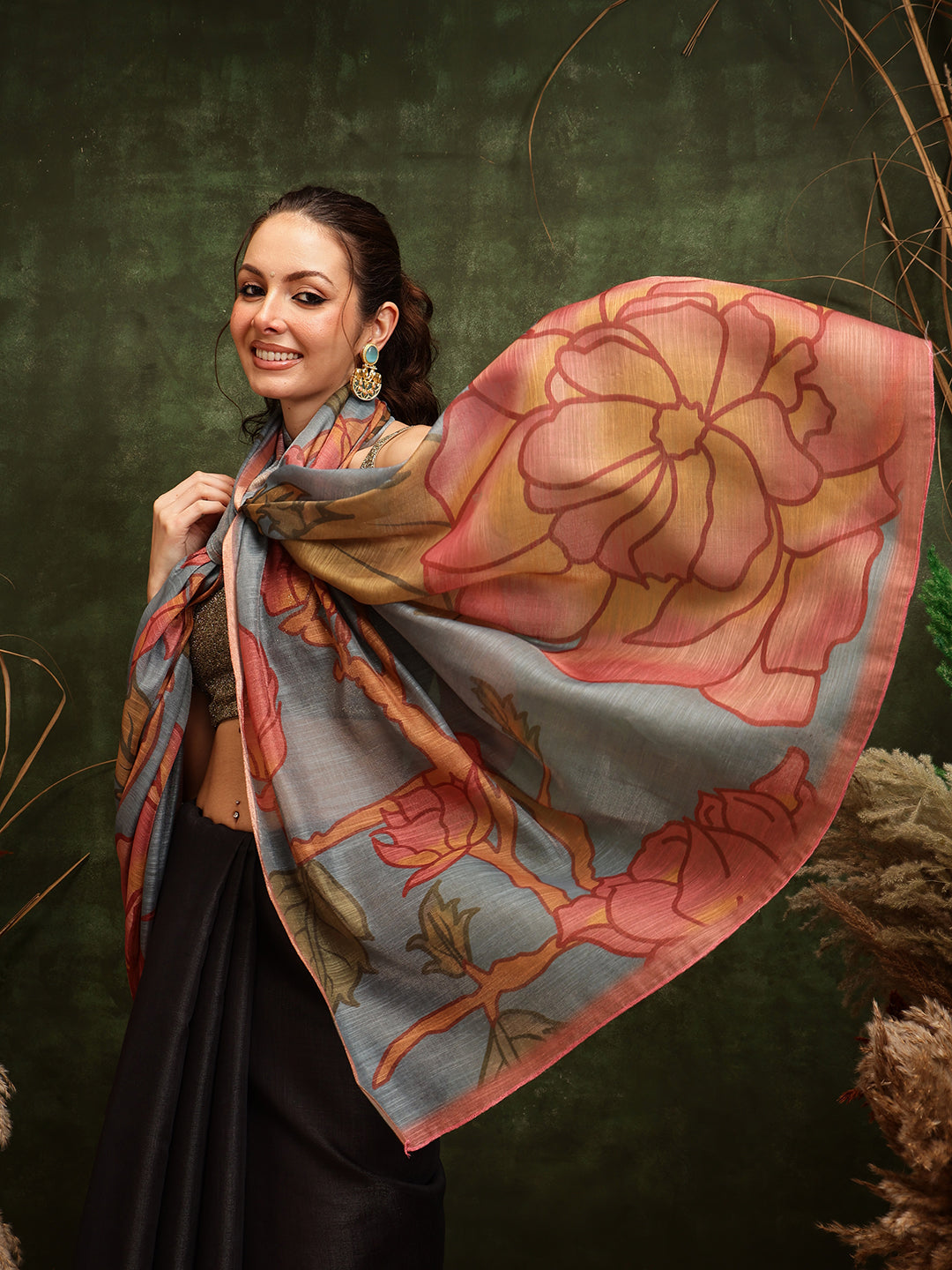 Black Cotton Silk Saree with Floral Digital Print