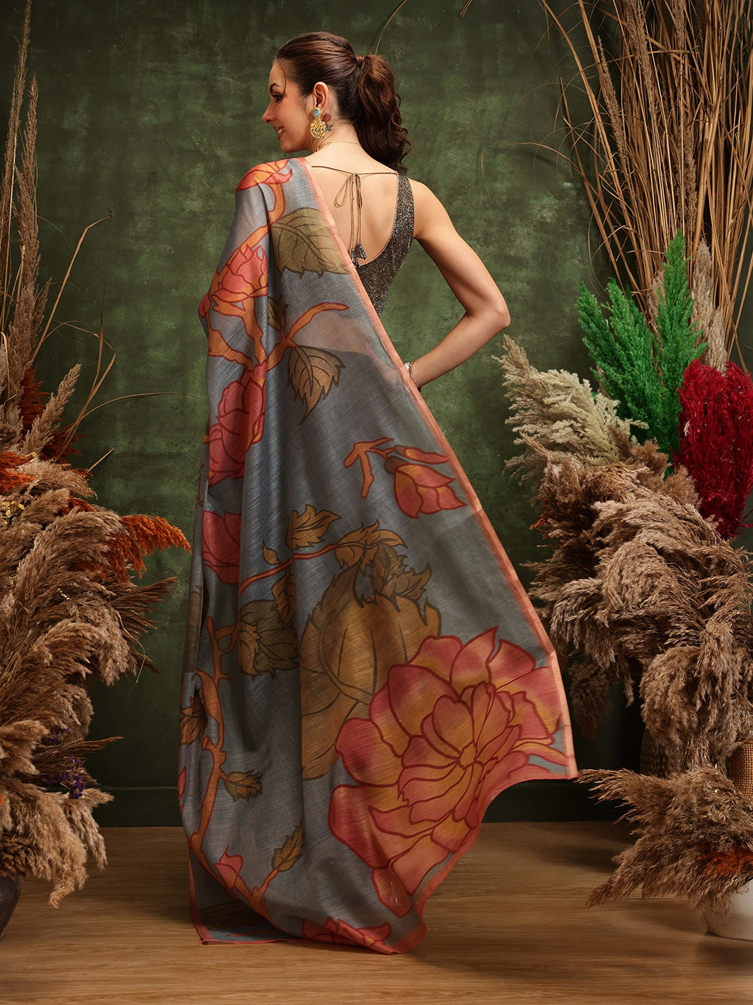 Black Cotton Silk Saree with Floral Digital Print