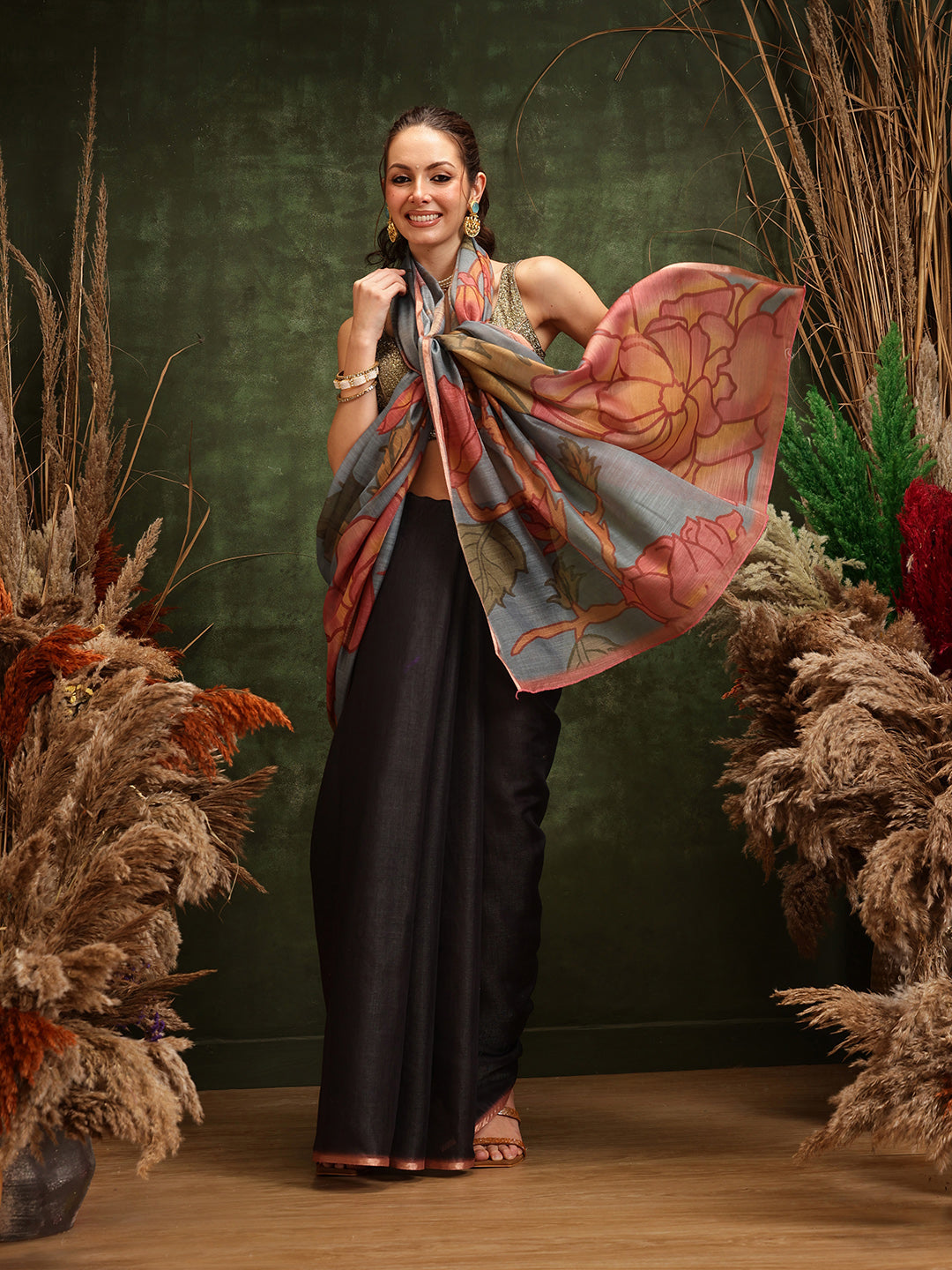 Black Cotton Silk Saree with Floral Digital Print