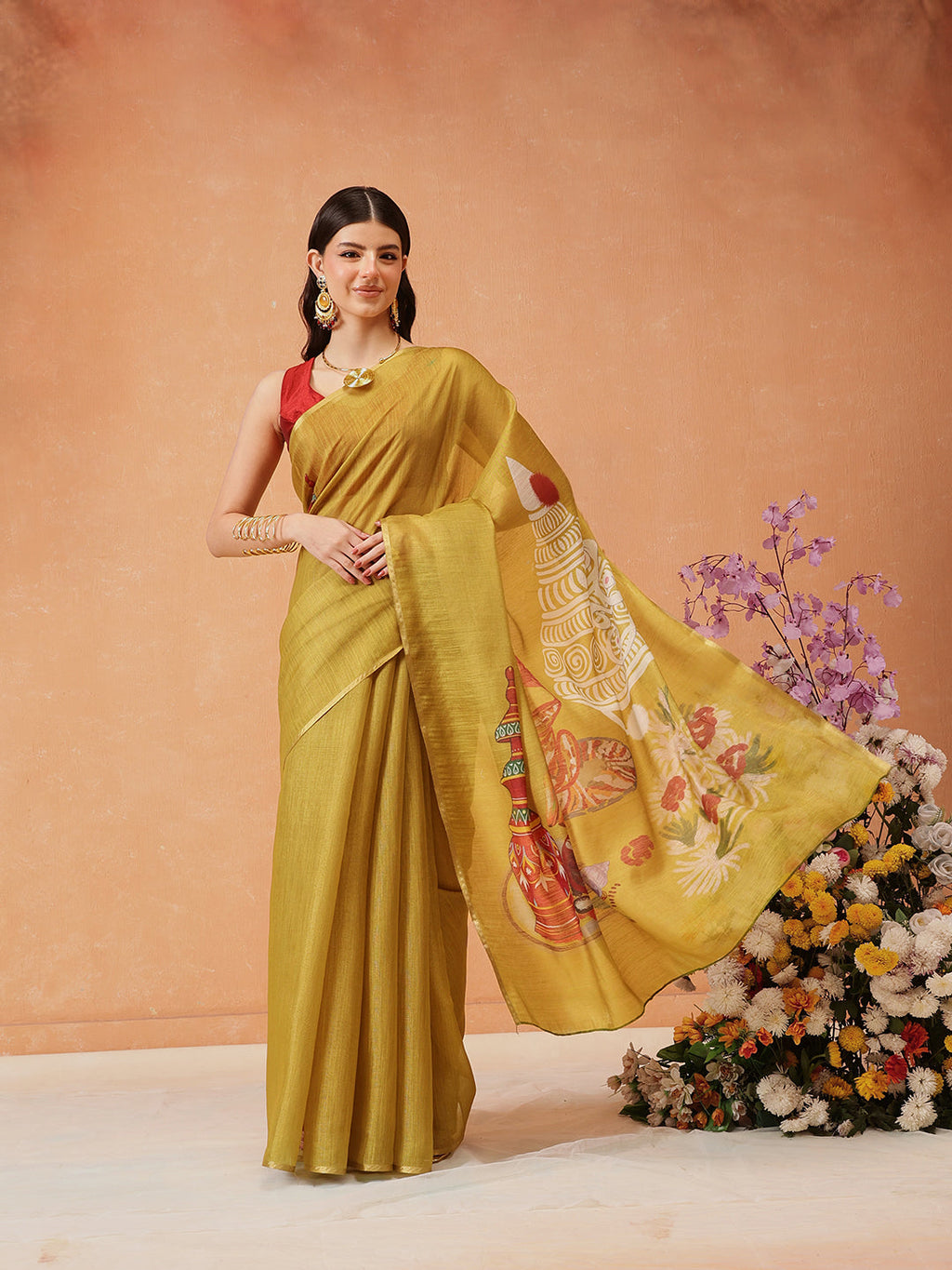 Mustard cotton silk saree showcasing traditional Kalamkari digital print motifs.