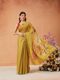 Mustard cotton silk saree showcasing traditional Kalamkari digital print motifs.