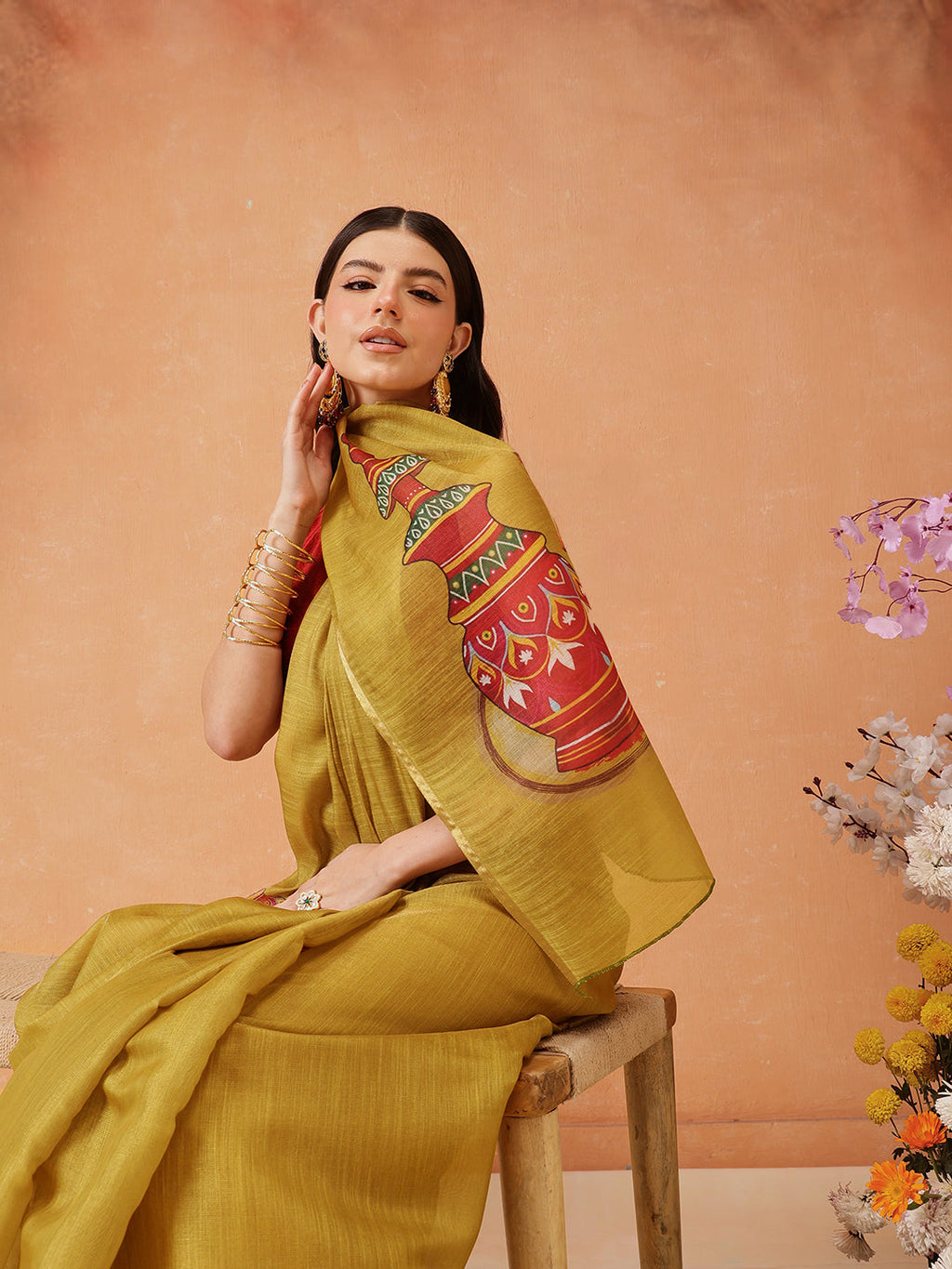 Mustard Cotton Silk Saree with Kalamkari Digital Print