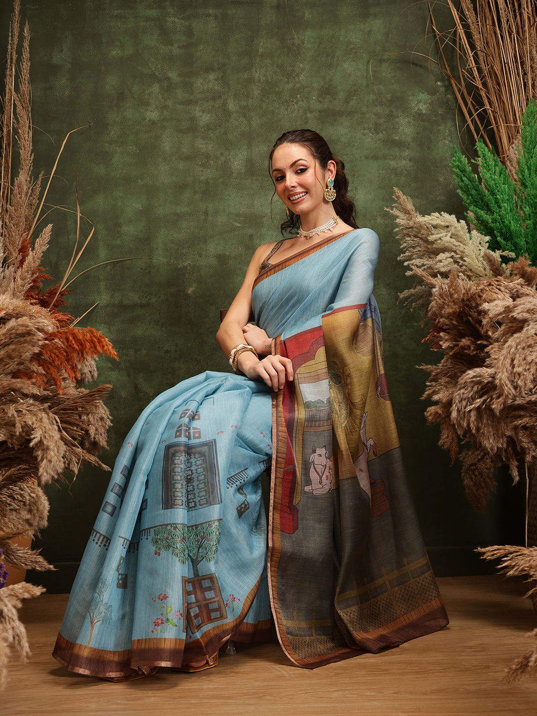 Teal Cotton Silk Kalamkari printed saree