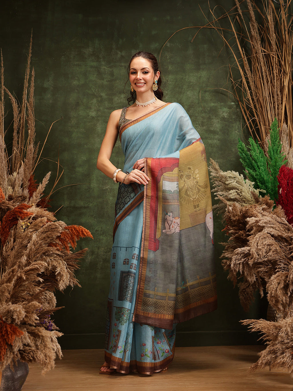 Teal Cotton Silk Kalamkari Saree with Digital Print