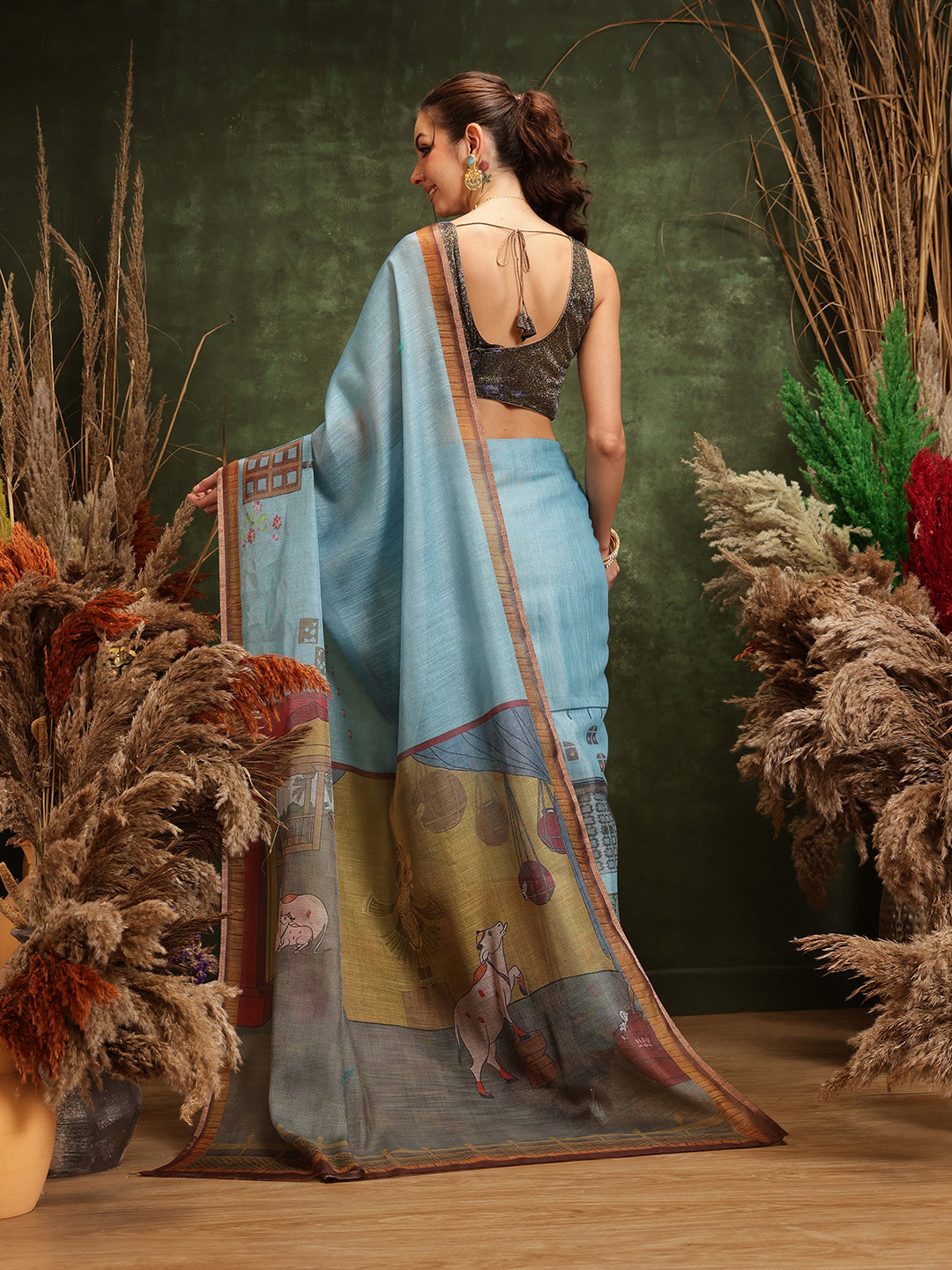 Teal Cotton Silk Kalamkari Saree with Digital Print
