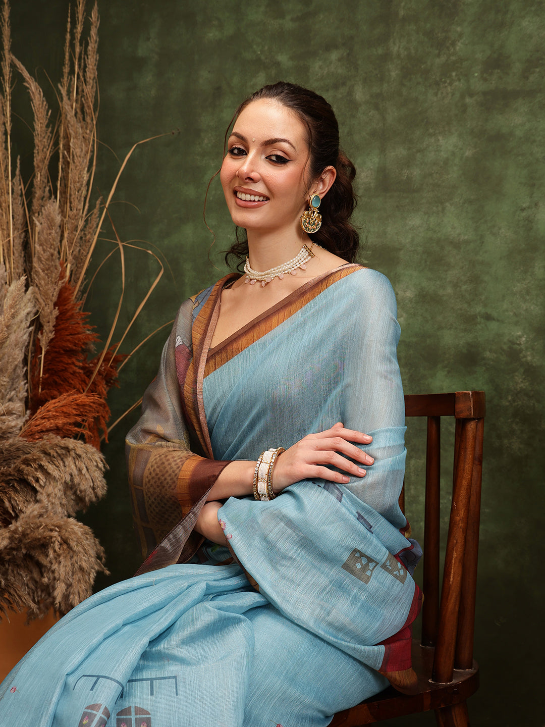 Teal Cotton Silk Kalamkari Saree with Digital Print