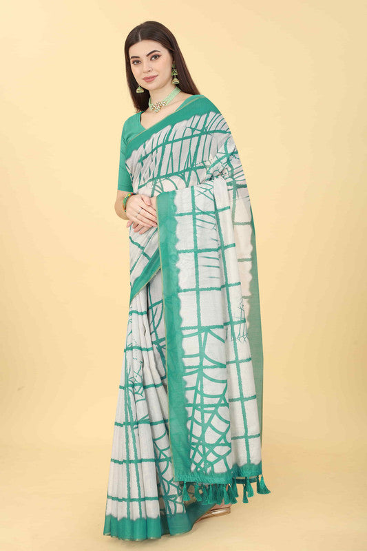 Green cotton blend tie and dye saree with matching unstitched blouse piece