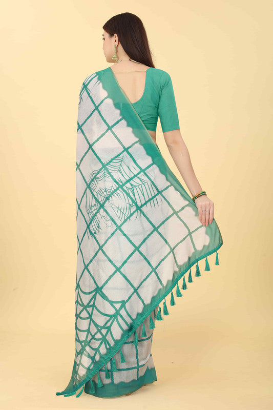 Green Cotton Blend Tie and Dye Saree with Unstitched Blouse