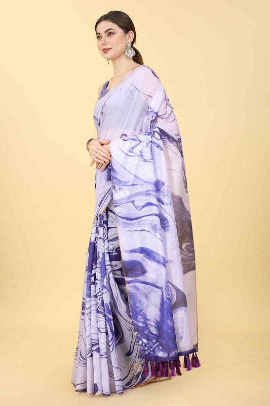 Purple cotton blend saree with artistic tie and dye pattern and matching blouse piece