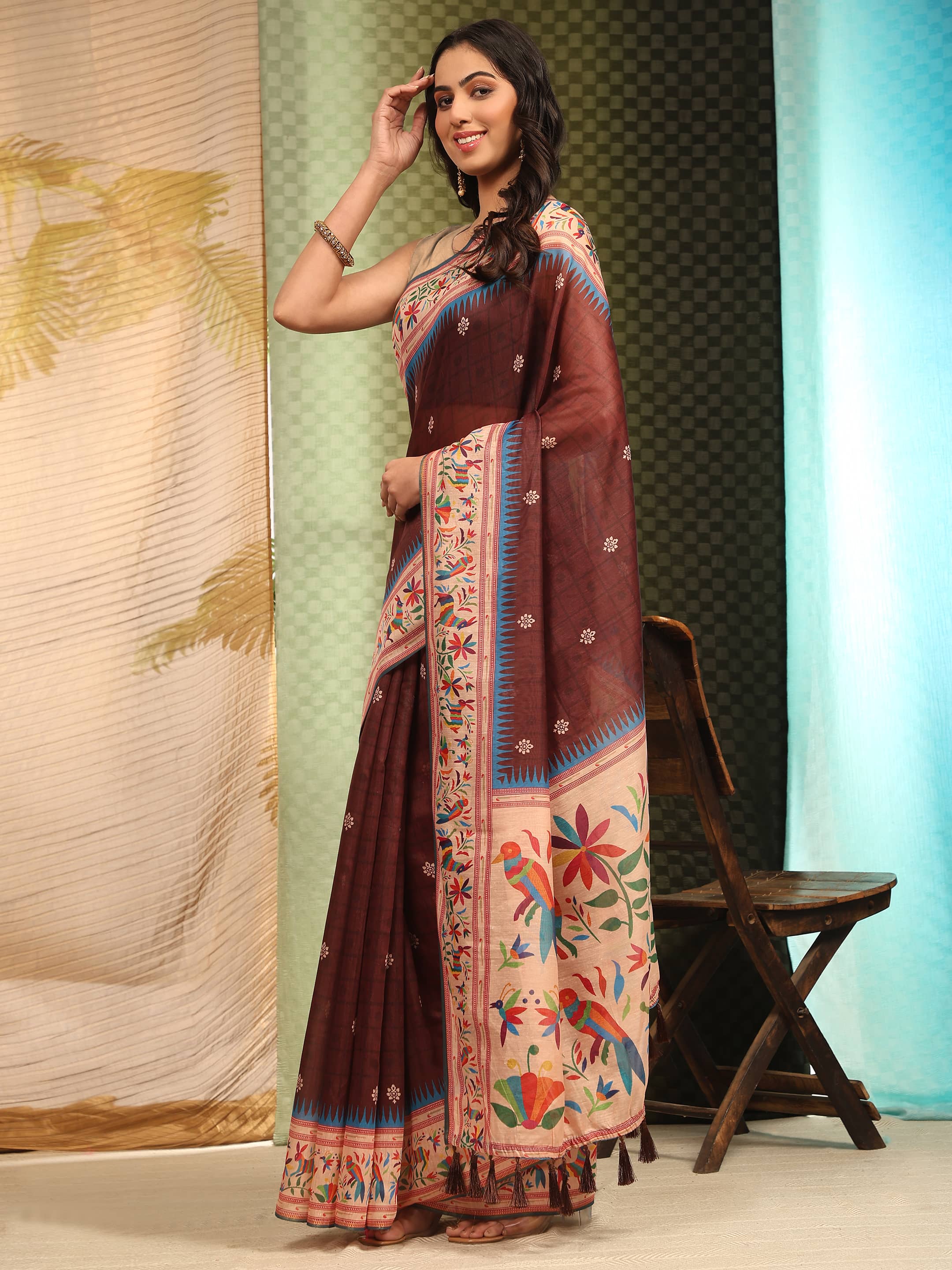 Brown Paithani Cotton Blend Saree with Floral Digital Print