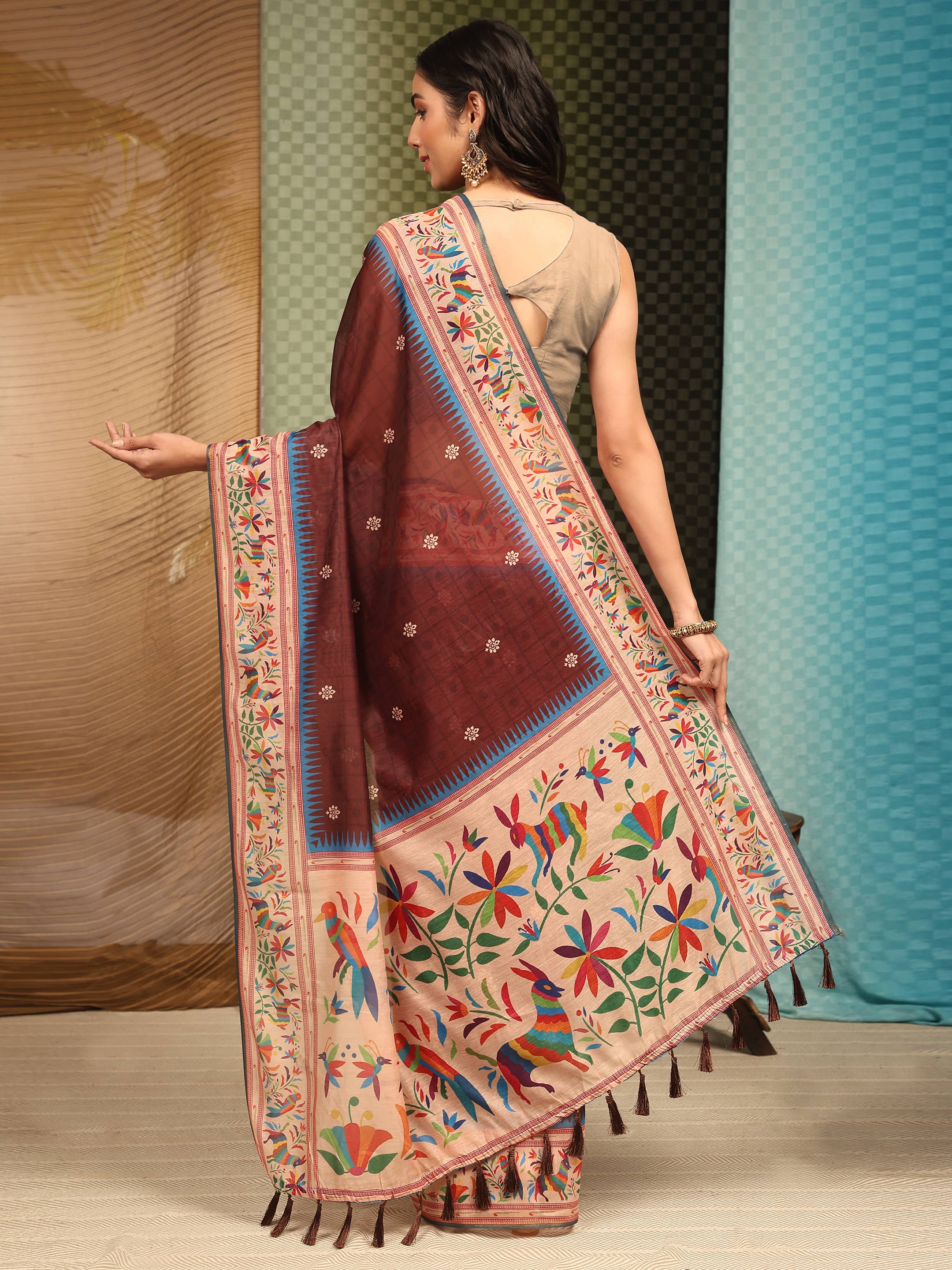 Brown Paithani Cotton Blend Saree with Floral Digital Print