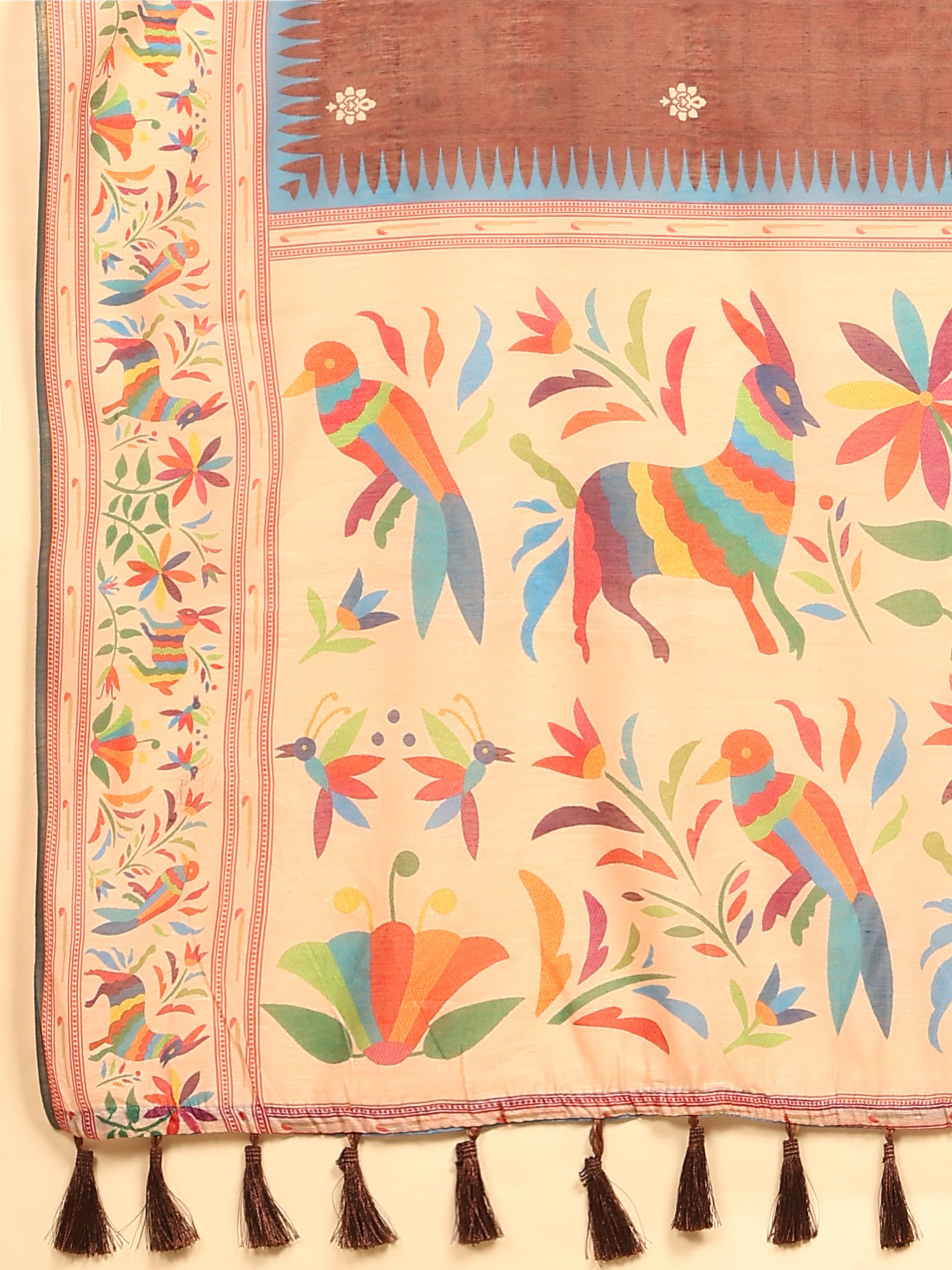Brown Paithani Cotton Blend Saree with Floral Digital Print