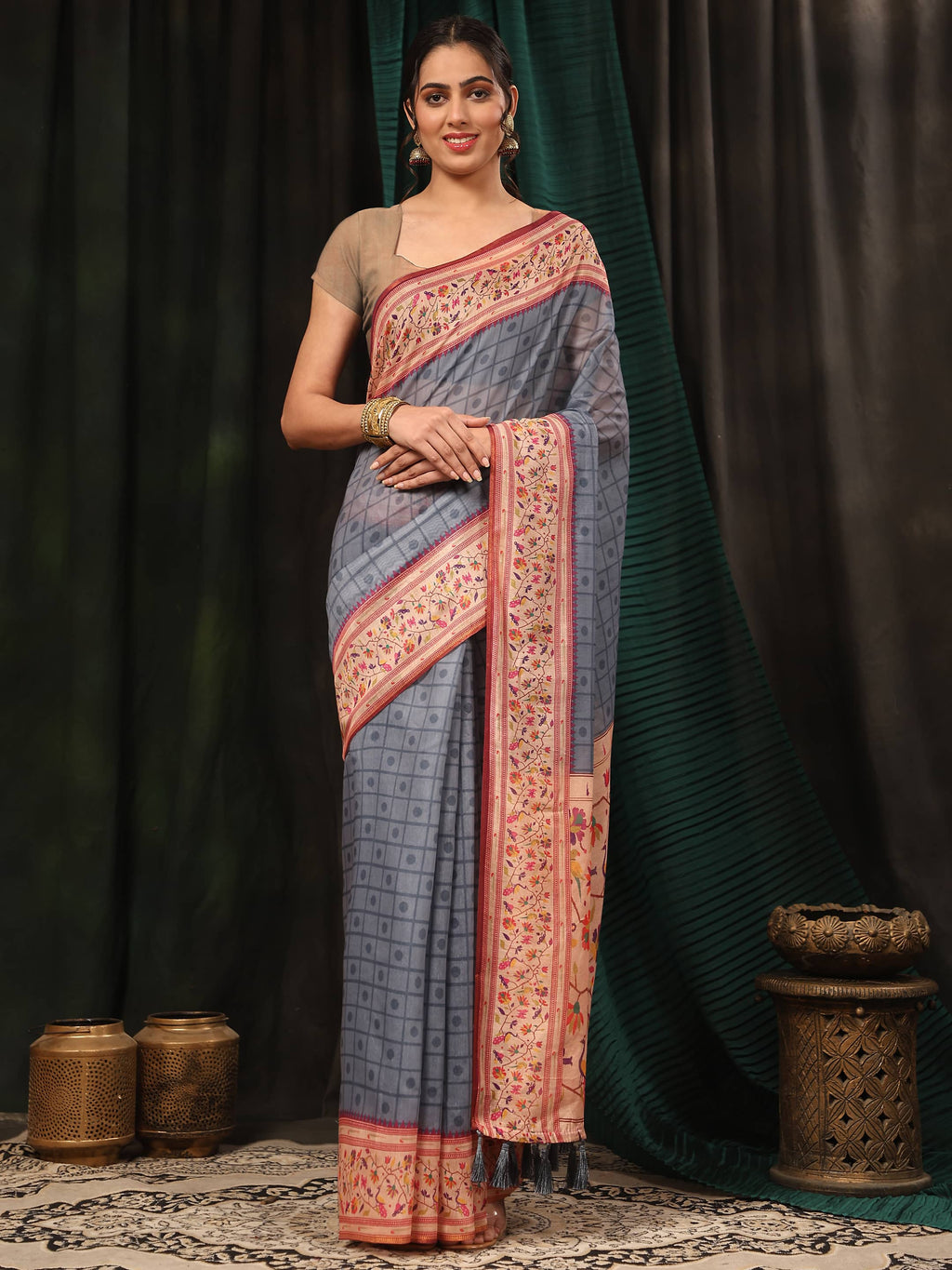 Grey Paithani style saree with geometric digital prints
