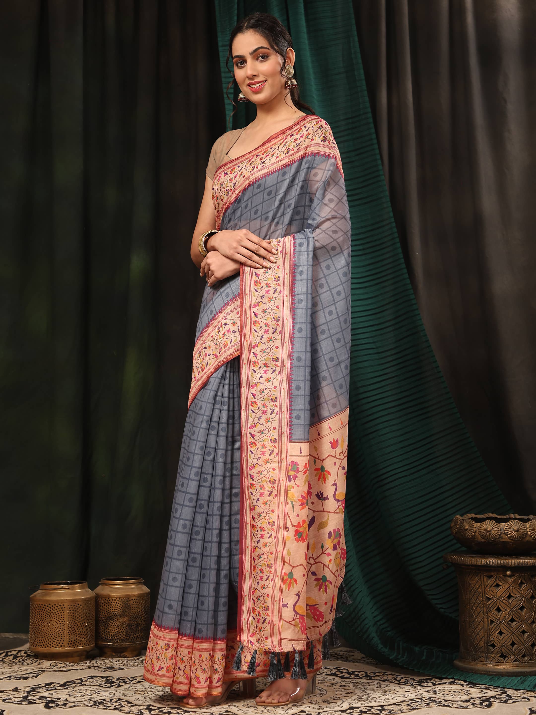 Grey Paithani Cotton Blend Saree with Geometric Digital Print