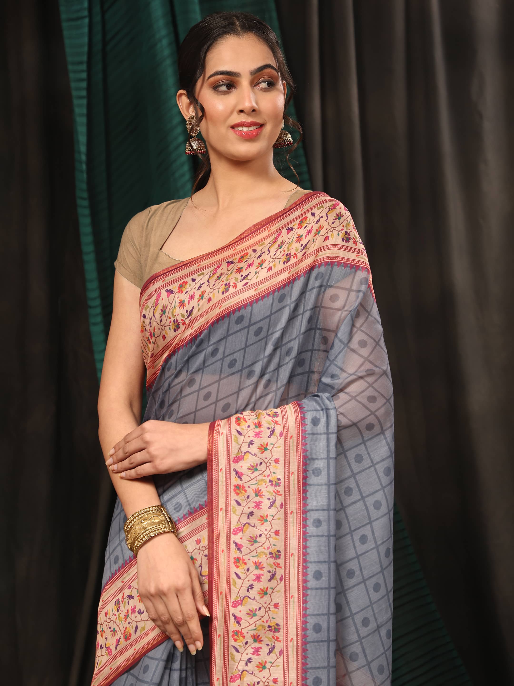 Grey Paithani Cotton Blend Saree with Geometric Digital Print