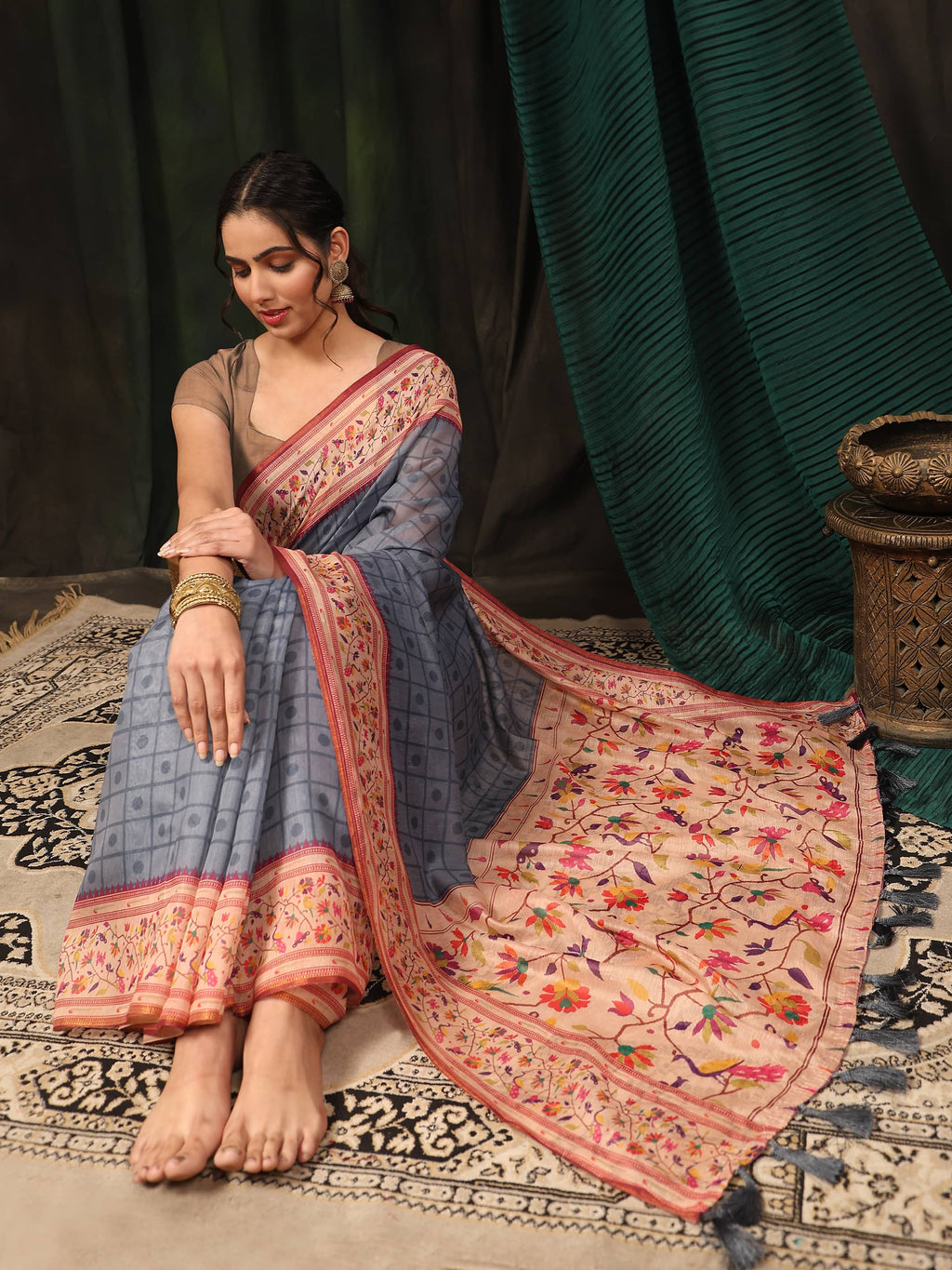 Grey Paithani Cotton Blend Saree with Geometric Digital Print