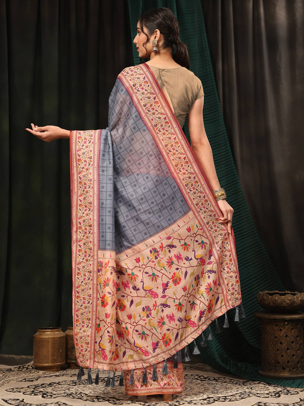 Grey Paithani Cotton Blend Saree with Geometric Digital Print