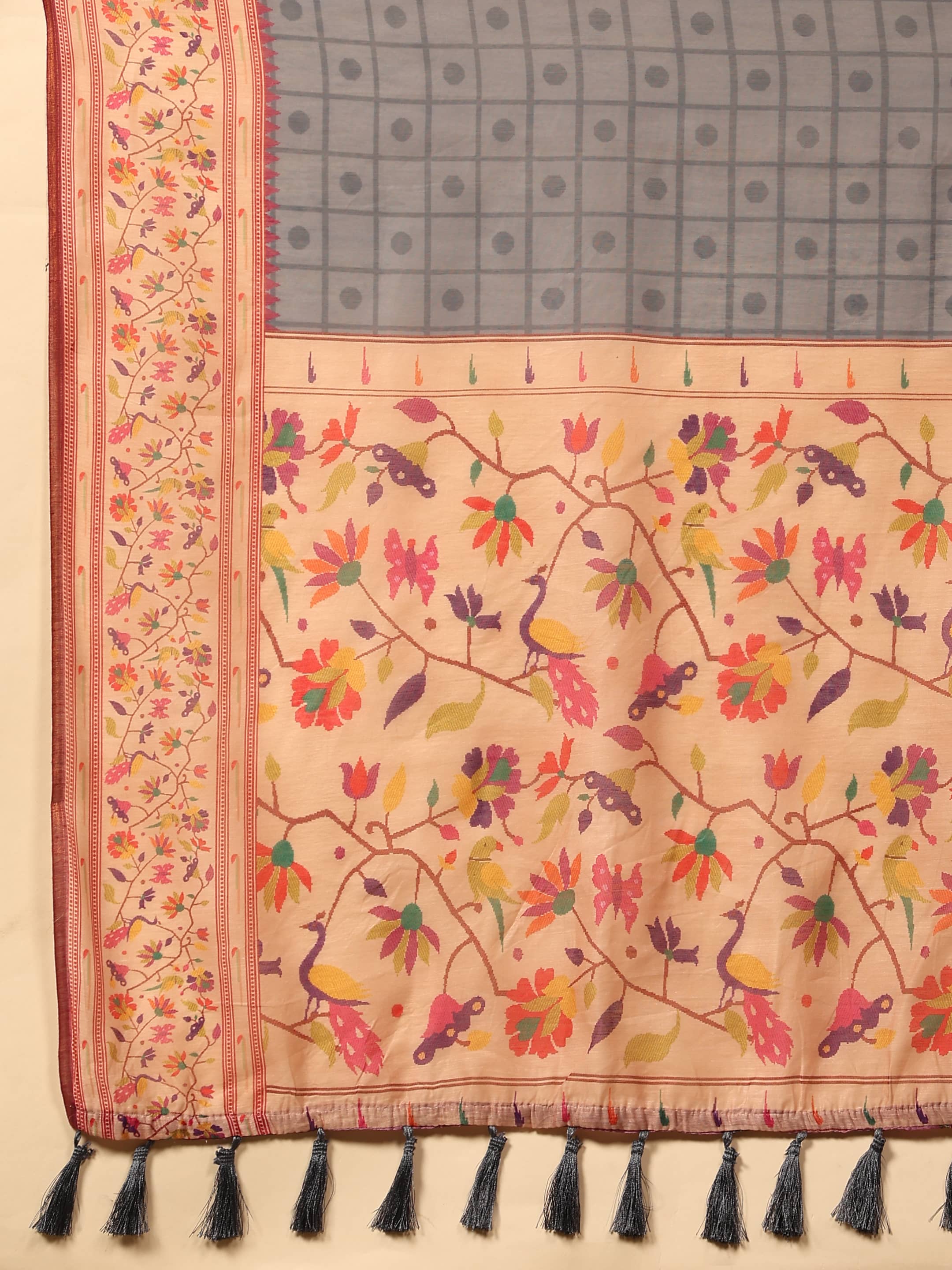 Grey Paithani Cotton Blend Saree with Geometric Digital Print