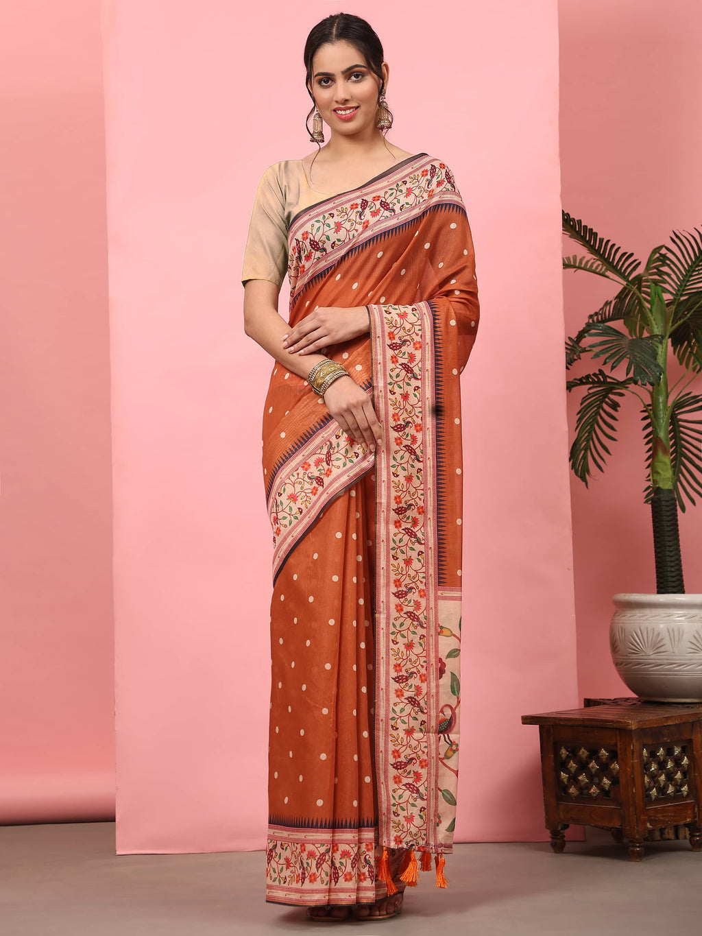 Orange Paithani style cotton blend saree with white polka dot print