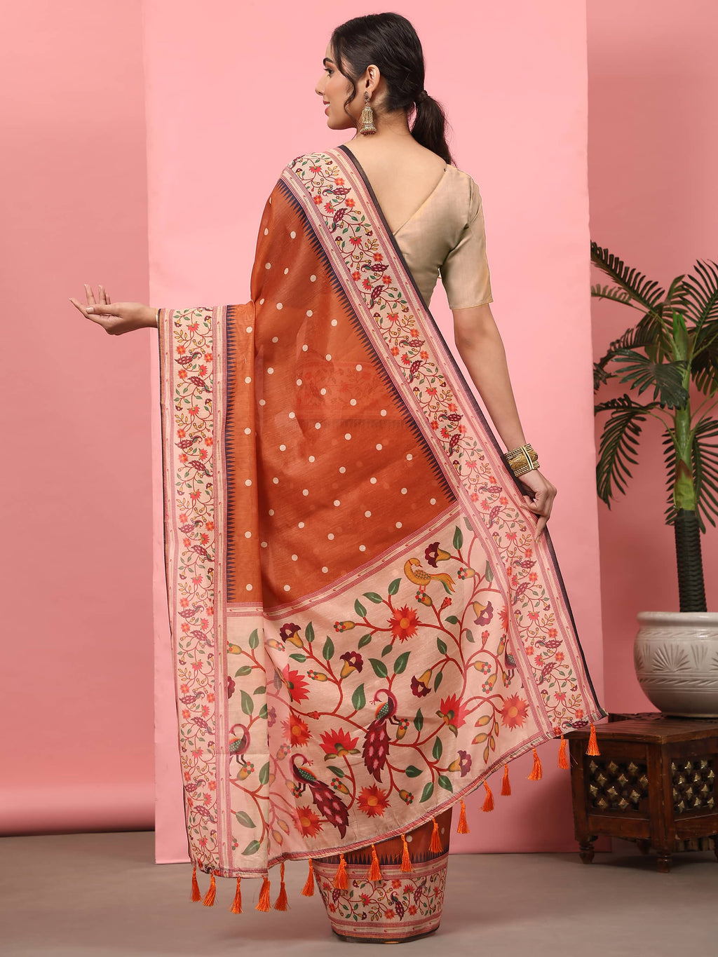 Orange Paithani Cotton Blend Saree with Digital Polka Dots