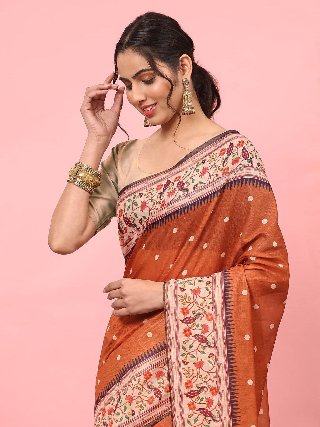 Orange Paithani Cotton Blend Saree with Digital Polka Dots