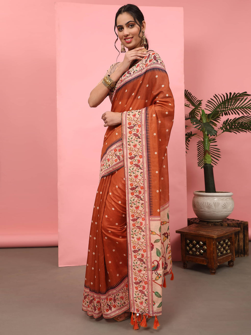 Orange Paithani Cotton Blend Saree with Digital Polka Dots