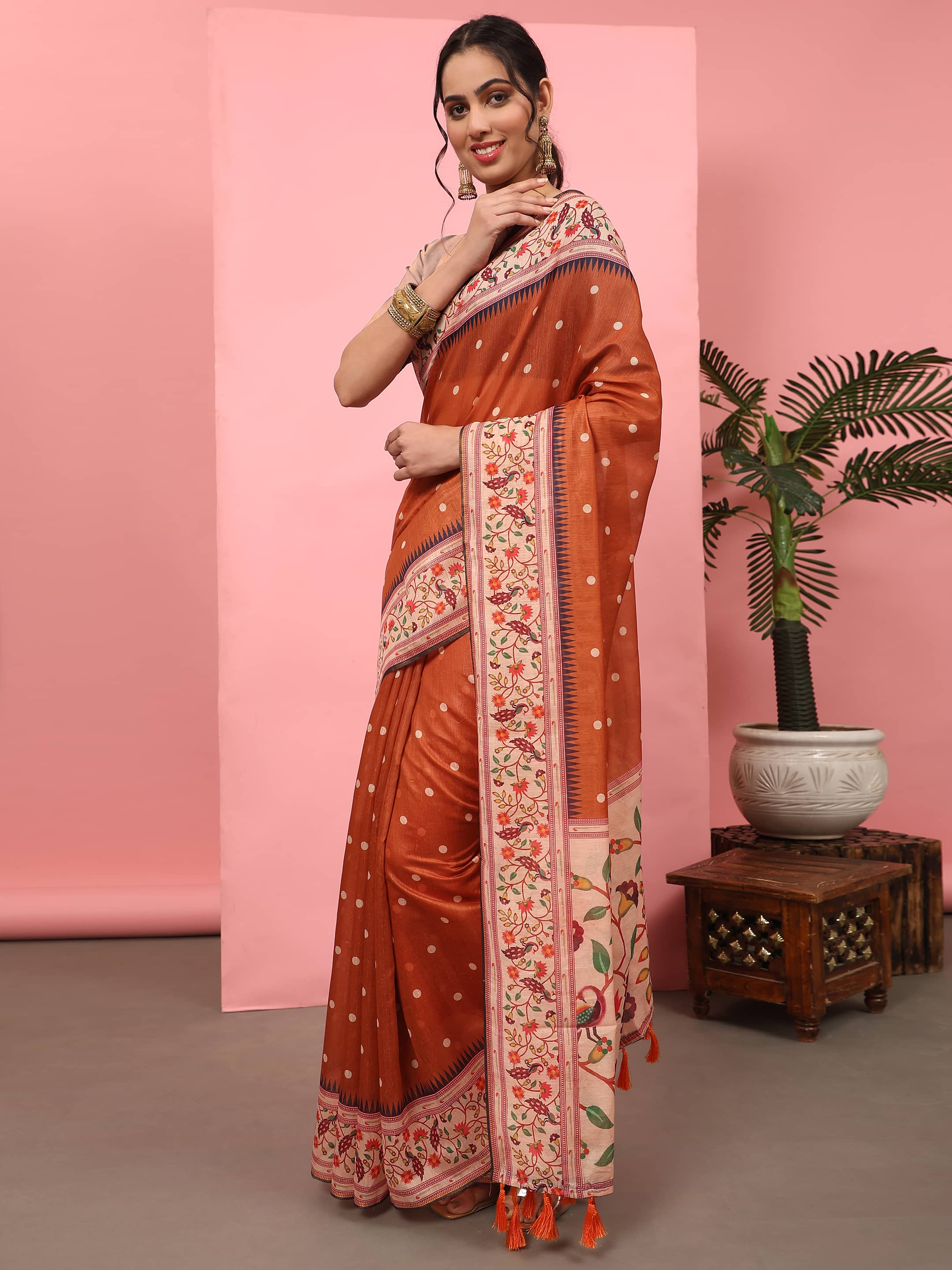Orange Paithani Cotton Blend Saree with Digital Polka Dots