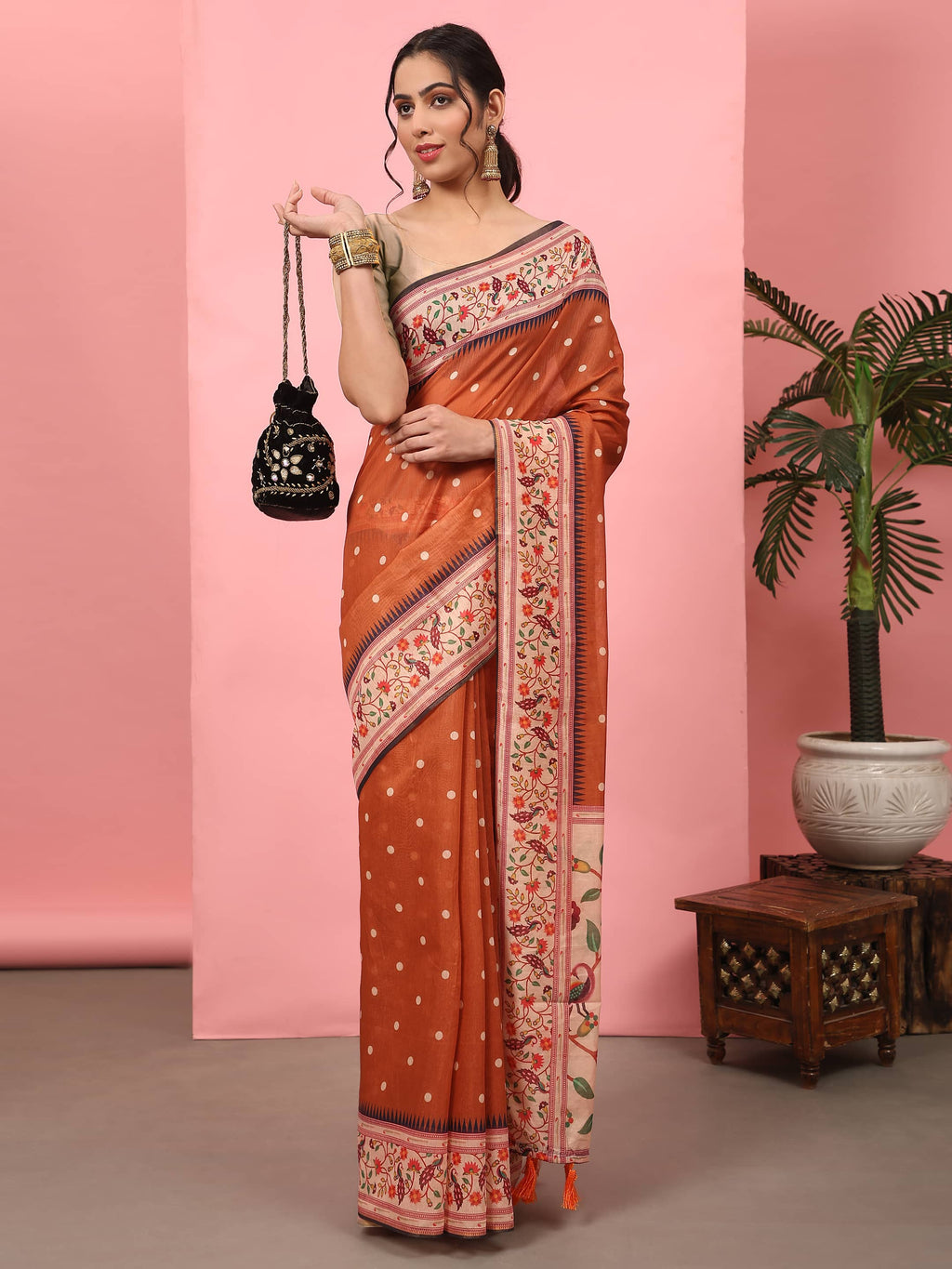 Orange Paithani Cotton Blend Saree with Digital Polka Dots
