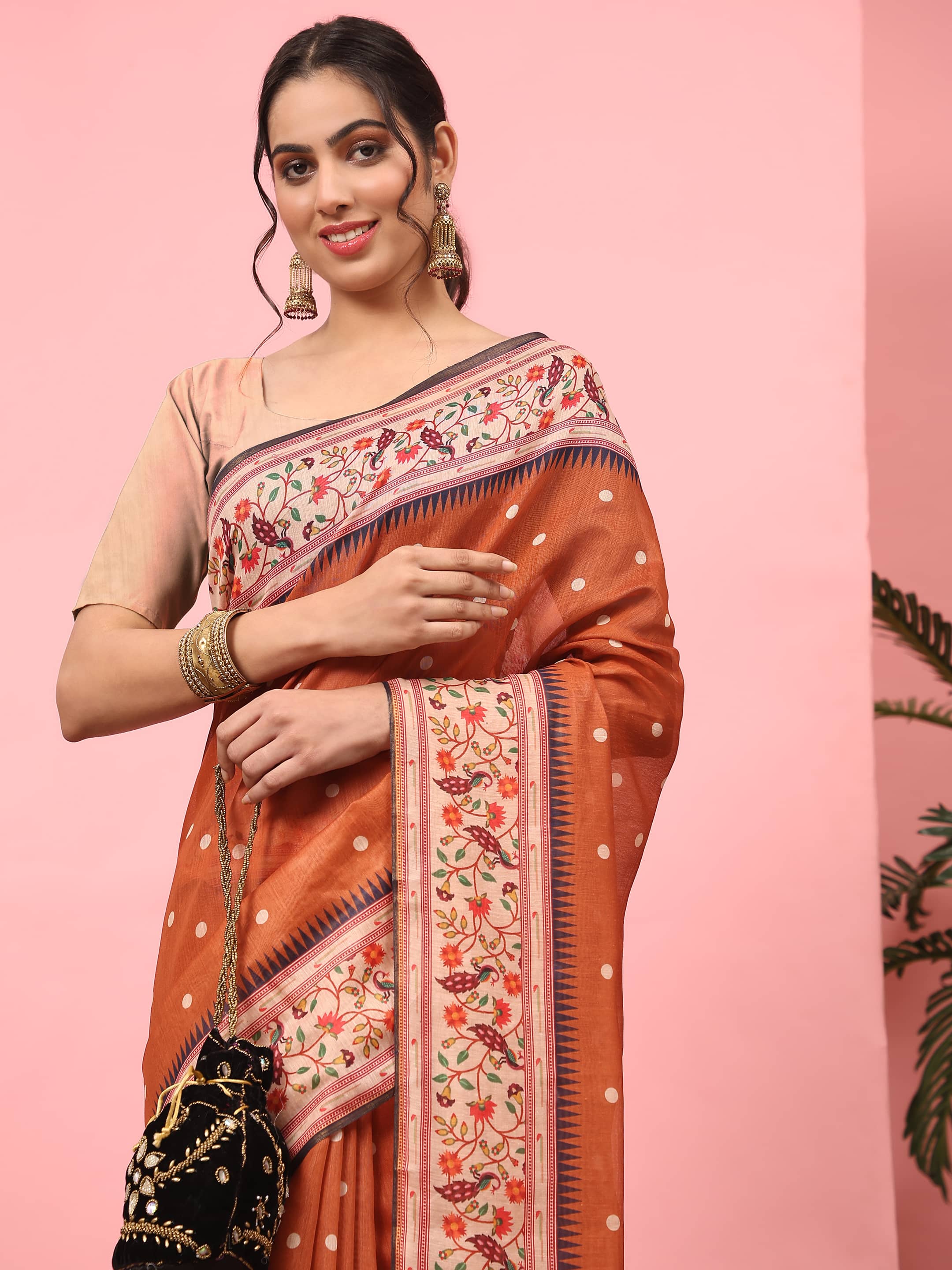 Orange Paithani Cotton Blend Saree with Digital Polka Dots