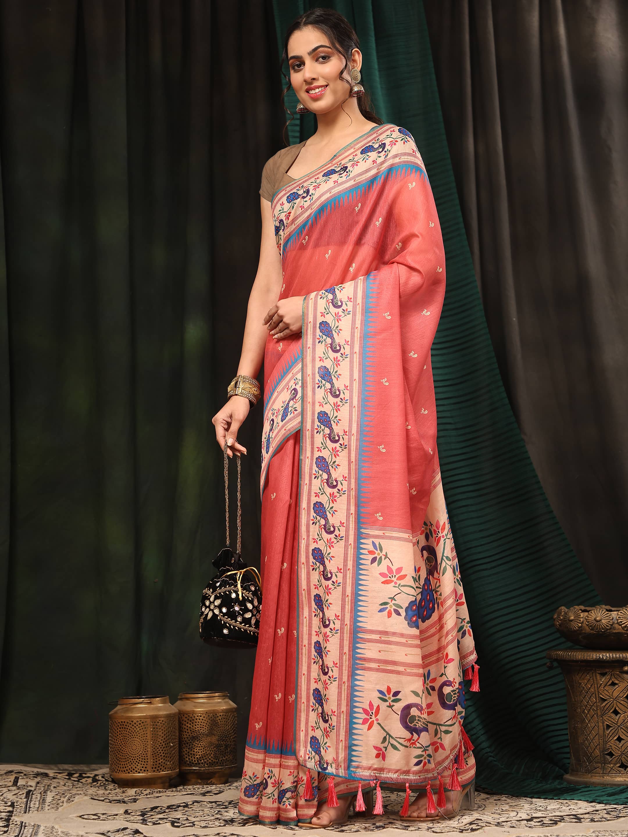 Pink Paithani Cotton Blend Saree with Animal Digital Print