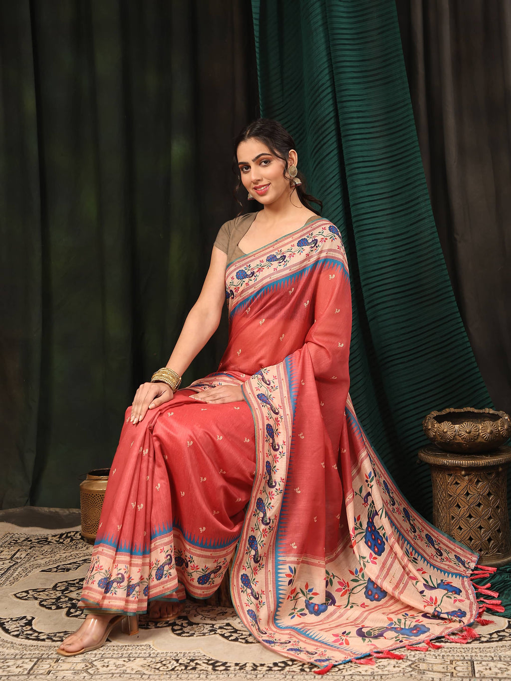 Pink Paithani Cotton Blend Saree with Animal Digital Print