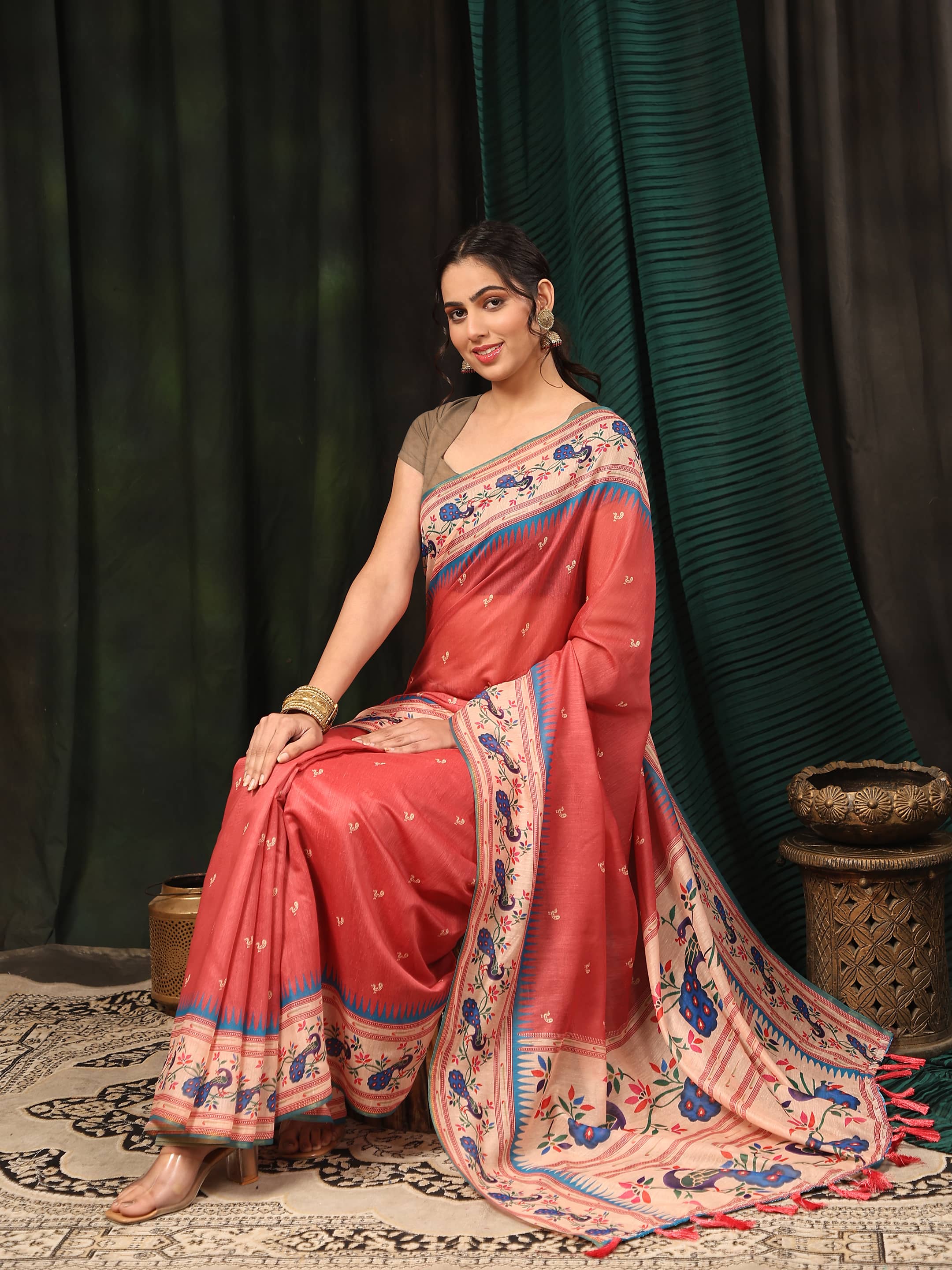 Pink Paithani Cotton Blend Saree with Animal Digital Print