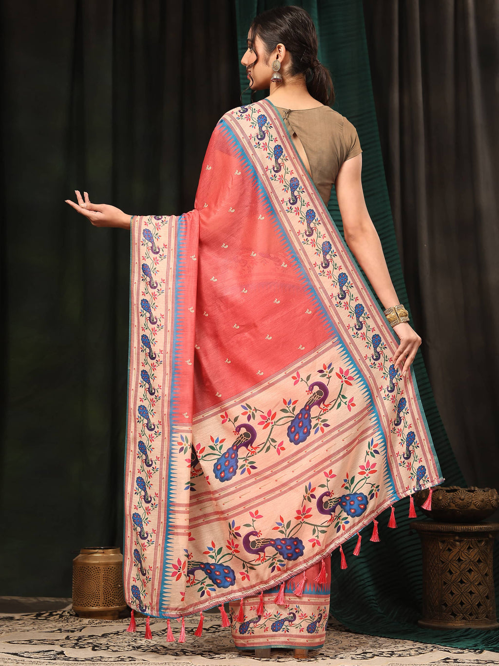 Pink Paithani Cotton Blend Saree with Animal Digital Print