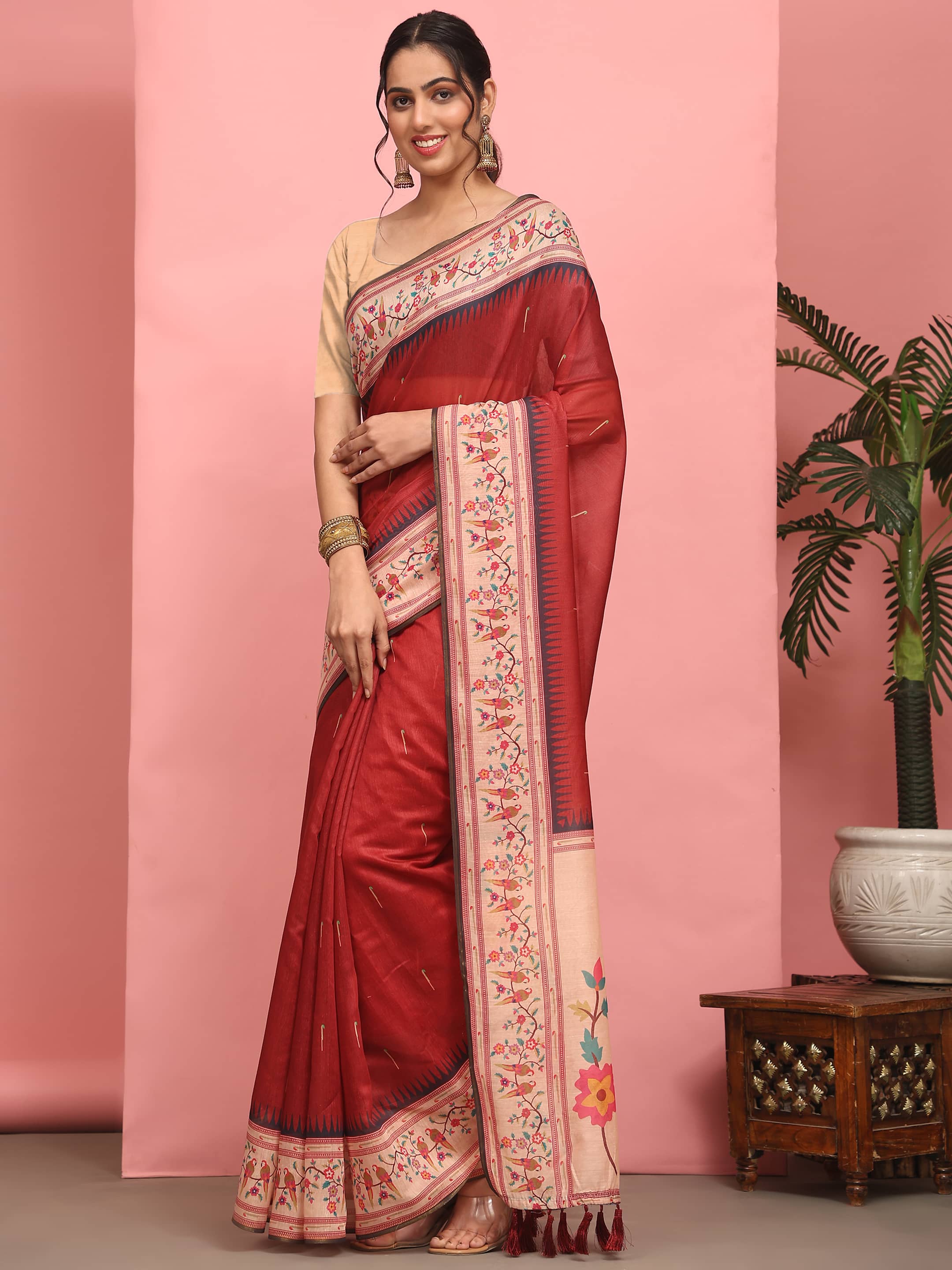 Red Solid Paithani Cotton Blend Digital Printed Saree